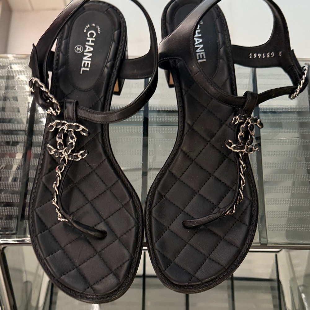 Chanel Quilted Black Sandals with Silver Chain